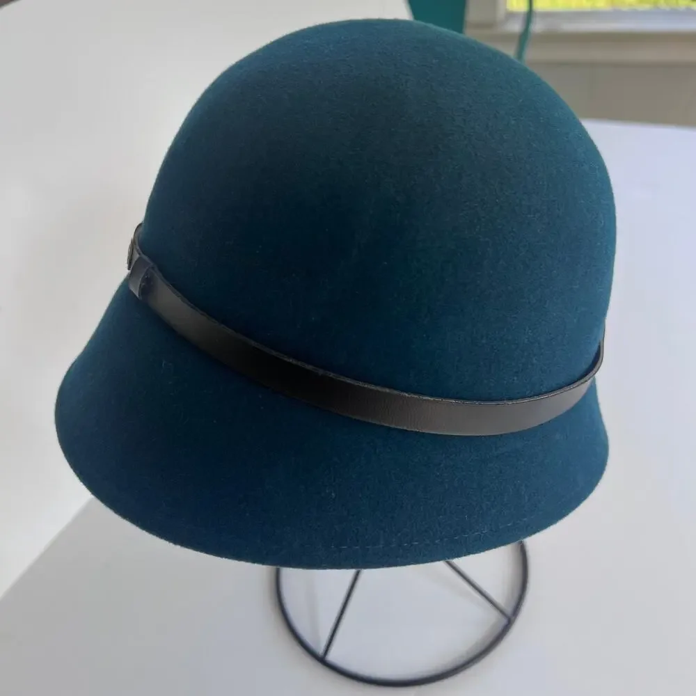 Goorin Bros 100% Wool Cloche Hat Medium Teal Blue Made in USA Leather Band